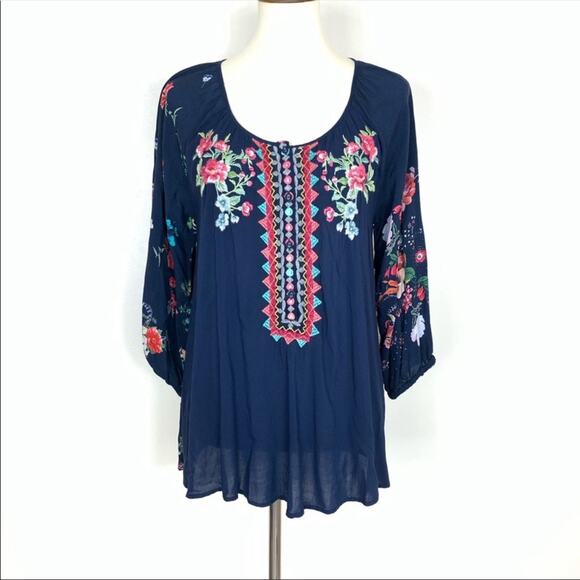 Johnny Was Tops - Johnny Was Sheera Embroidered Challis Blouse Blue Women's Small NWT